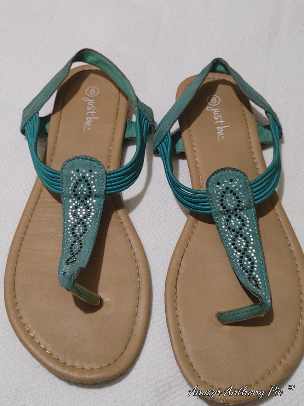 just be Teal Rhinestone T-Strap Women's Sandals